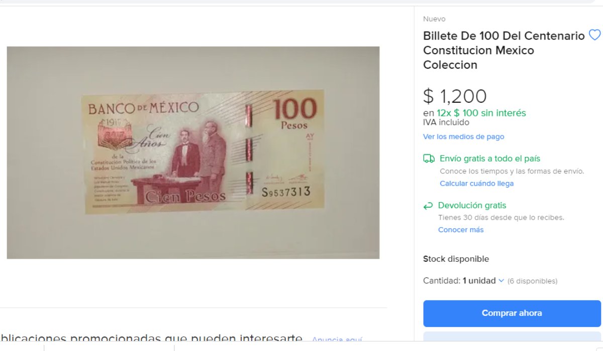 Conoce el billete conmemorativo de 100 pesos que se oferta en $1,200 