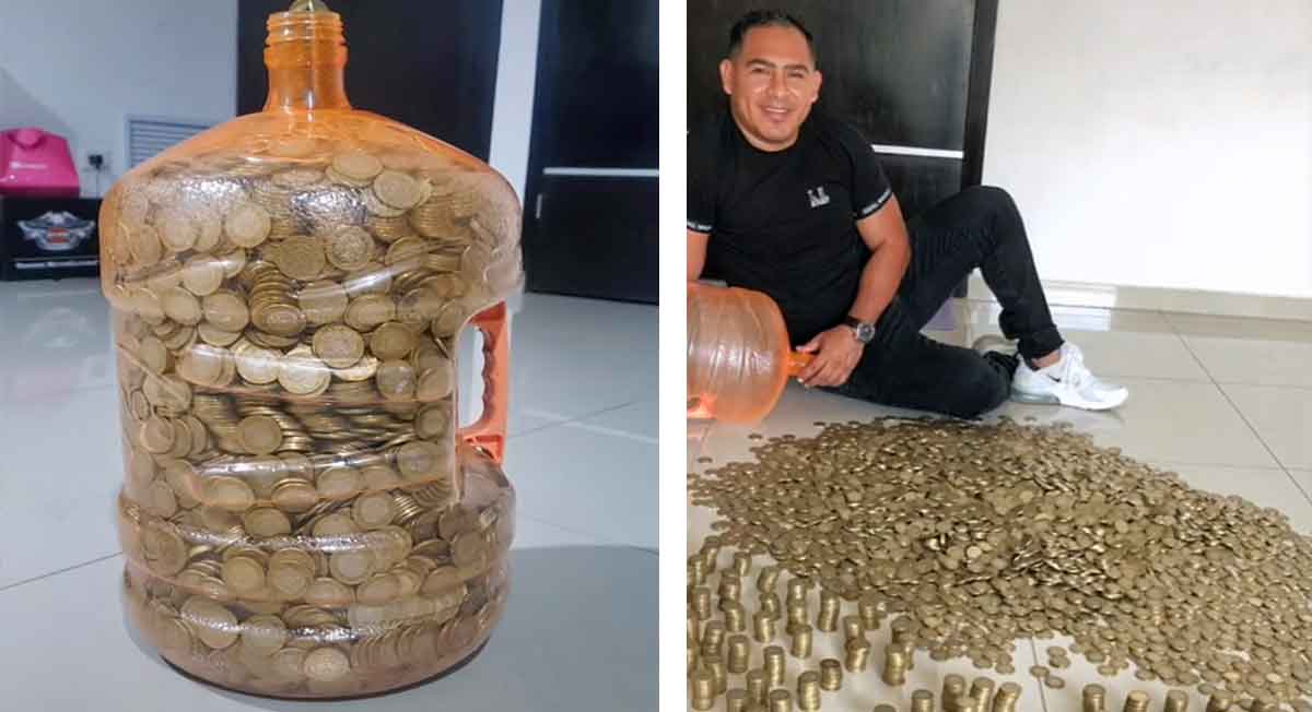 ¿Cuánto le calculas? Tiktoker llena garrafón con monedas de 10 pesos y se hace viral