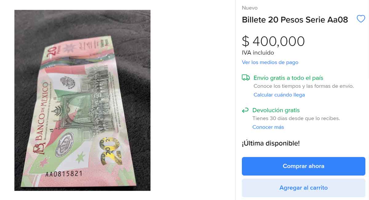 billete de 20 pesos conmemorativo que vale más de 400 mil pesos en mercadolibre