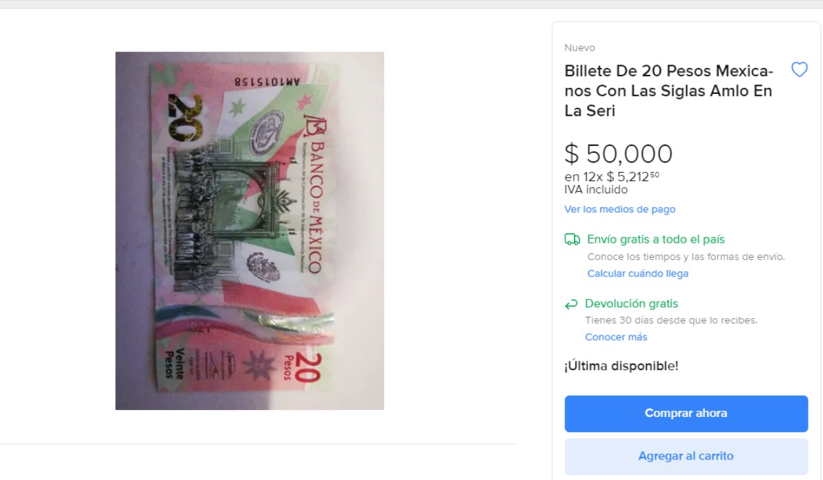 El billete de $20 con el nombre de AMLO se oferta en $50 mil pesos