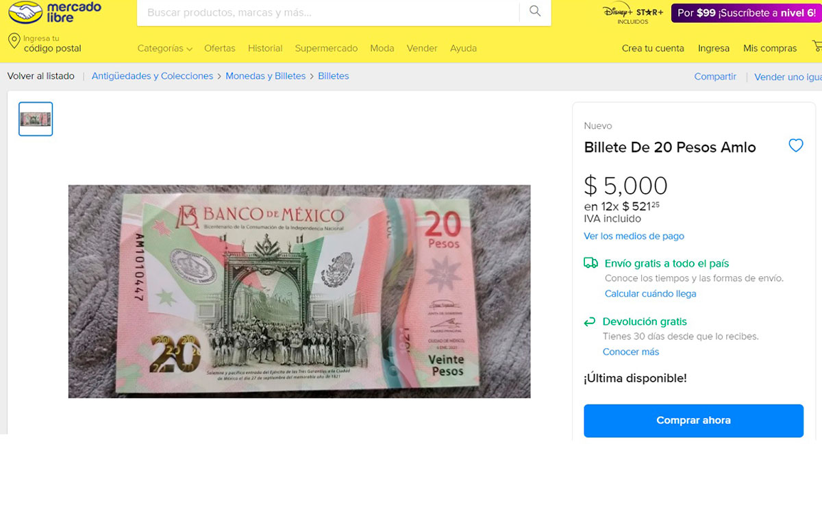 cuanto cuesta el billete de 20 pesos de amlo en mexico