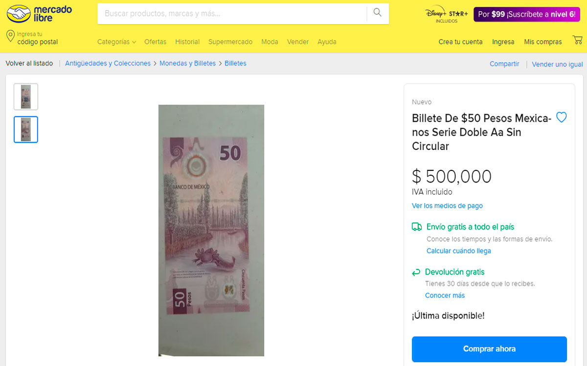 billete de 50 pesos se vende en mercado libre