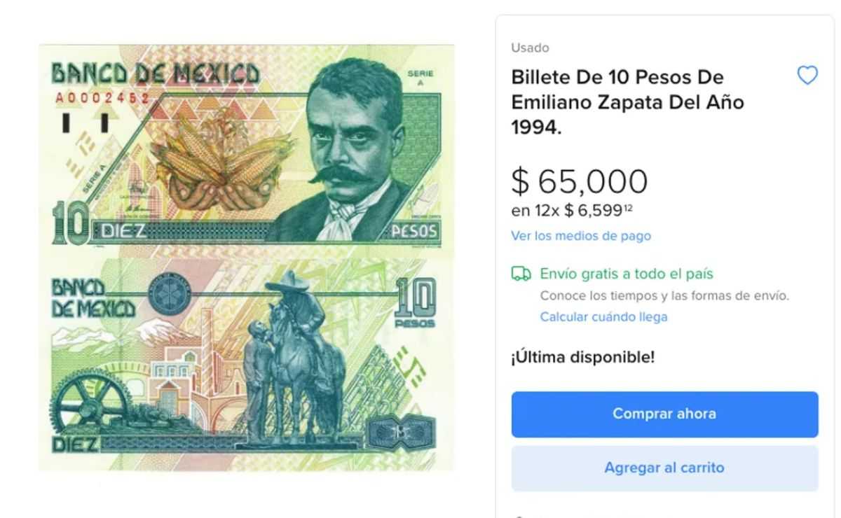 Precio del Billete de 10 pesos de Emiliano Zapata en Mercado Libre