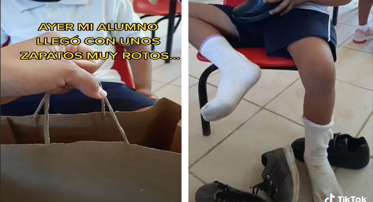 Maestra regala zapatos a alumno de bajos recursos y se vuelve viral