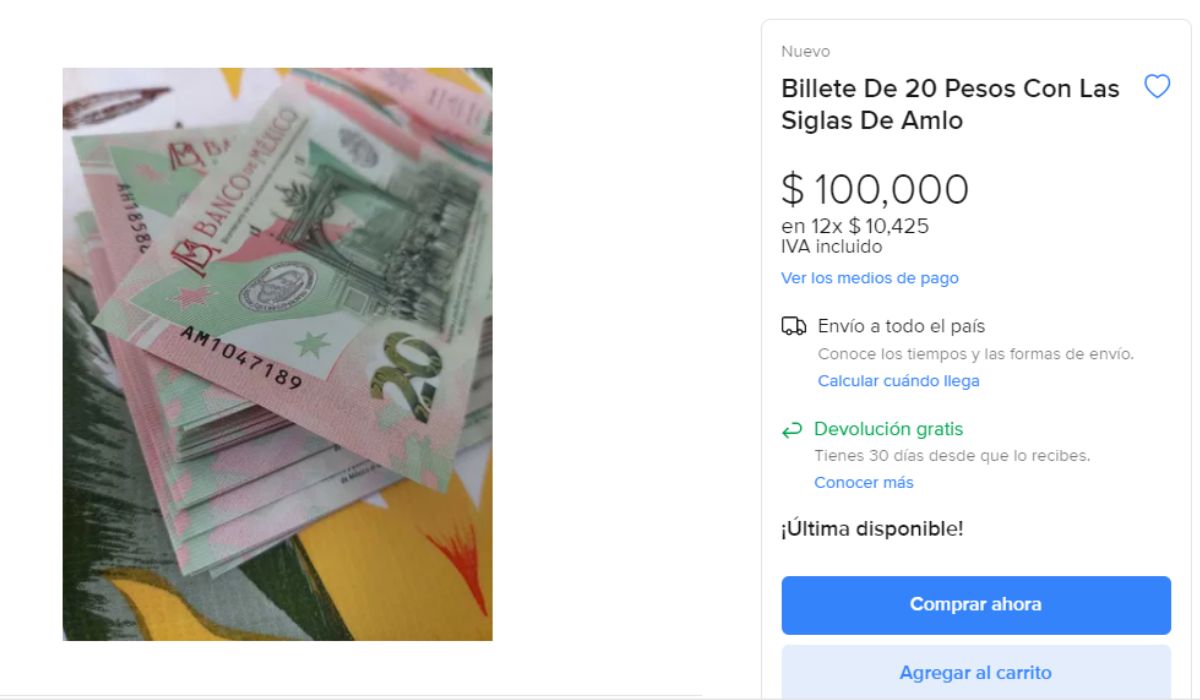 Publicación del billete de $20 pesos que se vende en mercado libre