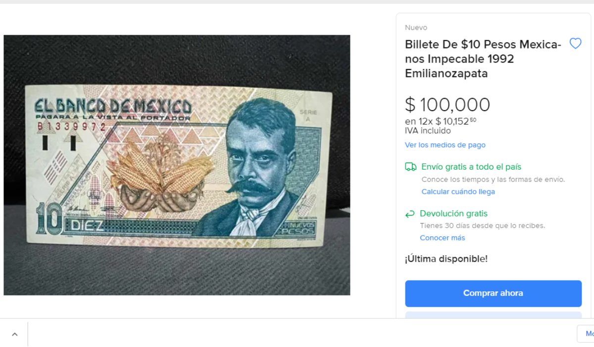 billete de Zapata ofrecido en mercado libre
