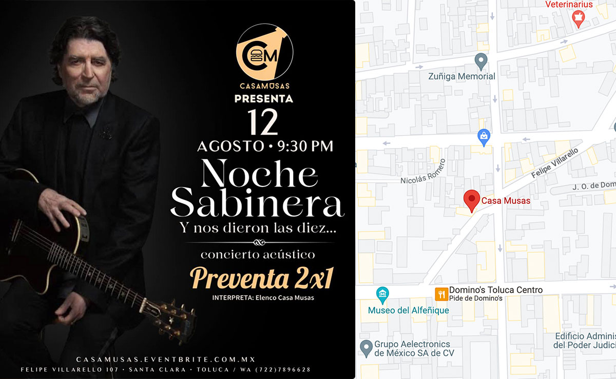 Cartel de la velada con éxitos de Joaquín Sabina y ubicación de Casa Musas en Maps