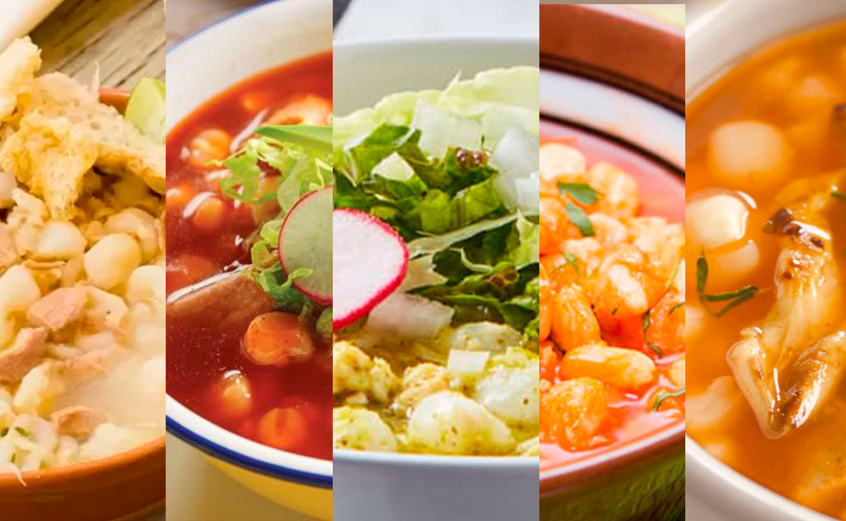 Tipos de pozole: blanco, rojo, verde, mariscos, vegetariano