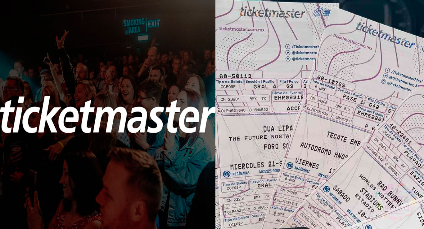 Boletos Ticketmaster y personas en un concierto con letrero de Ticketmaster.