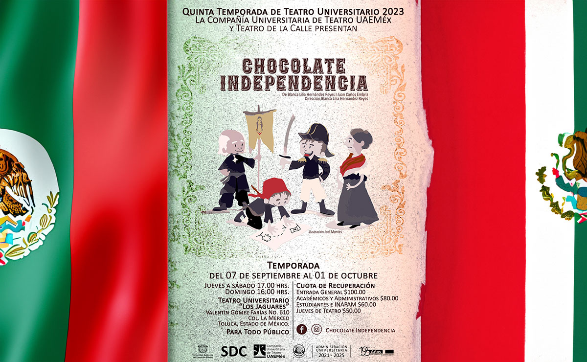 Cartel de la obra de teatro en el teatro jaguares de Chocolate y independencia.