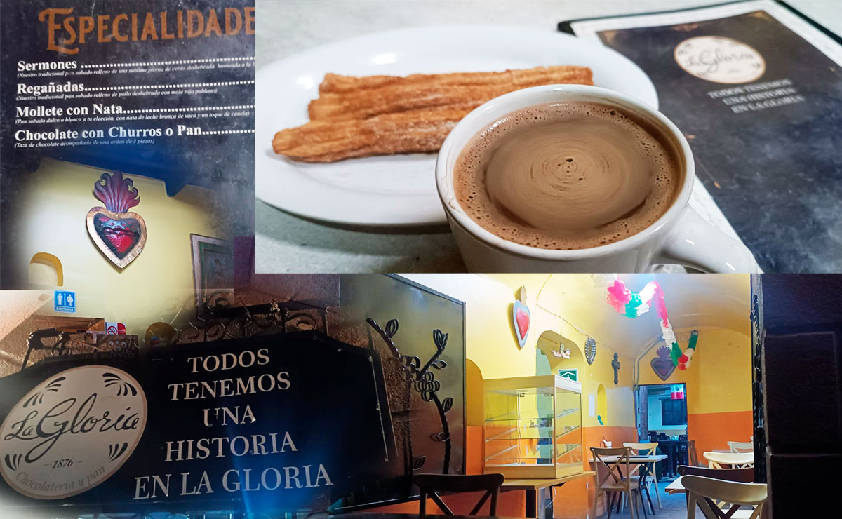Café, churros, carta, interior y logo del restaurante de Toluca La Gloria