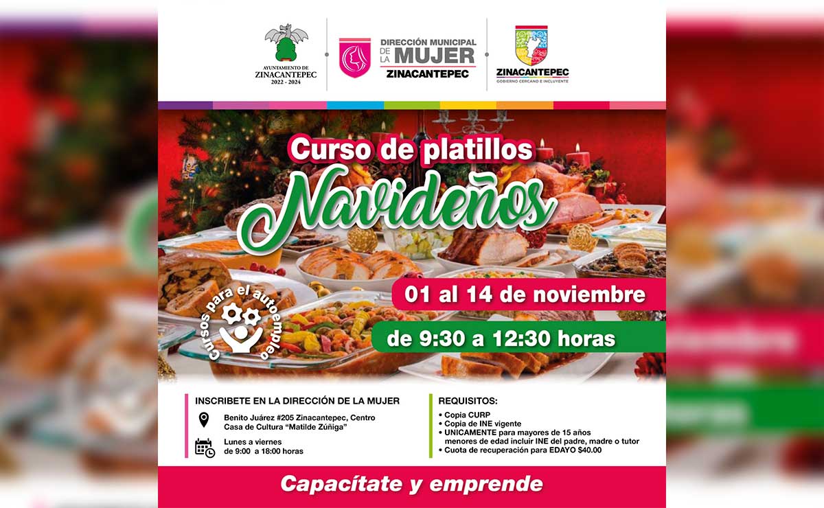 Cartel de cursos de autoempleo para platillos navideños en Zinacantepec