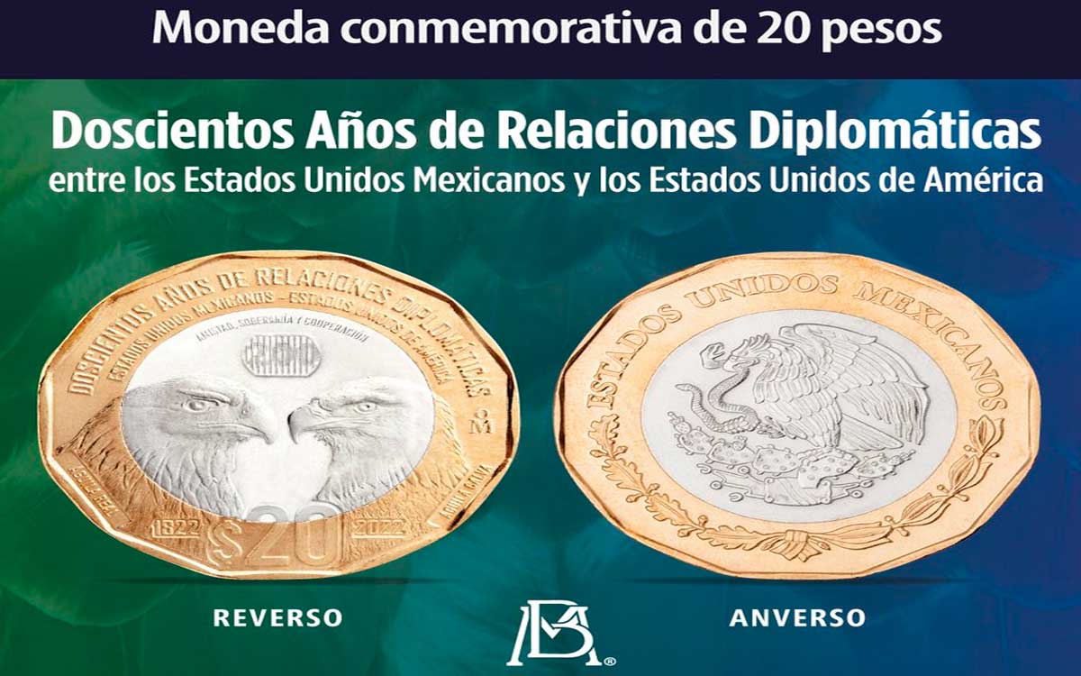 reverso y anverso de nueva moneda valiosa de 20 pesos de aguilas reales en conmemoracion a eua