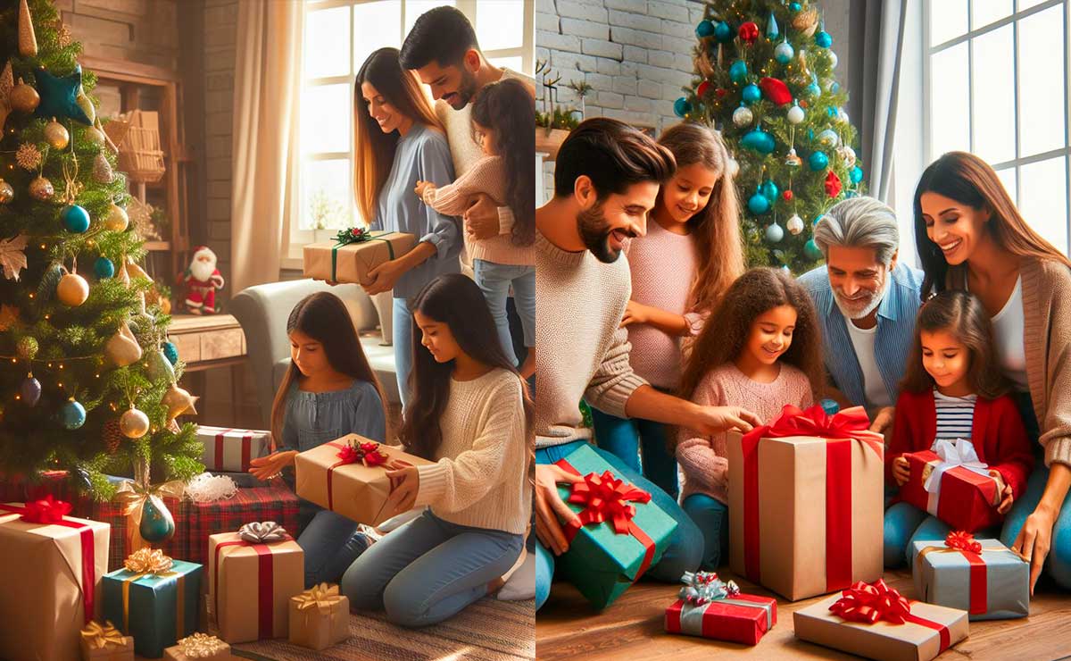 Familia mexicana creada con inteligencia artificial, abriendo regalos alrededor de un árbol de Navidad