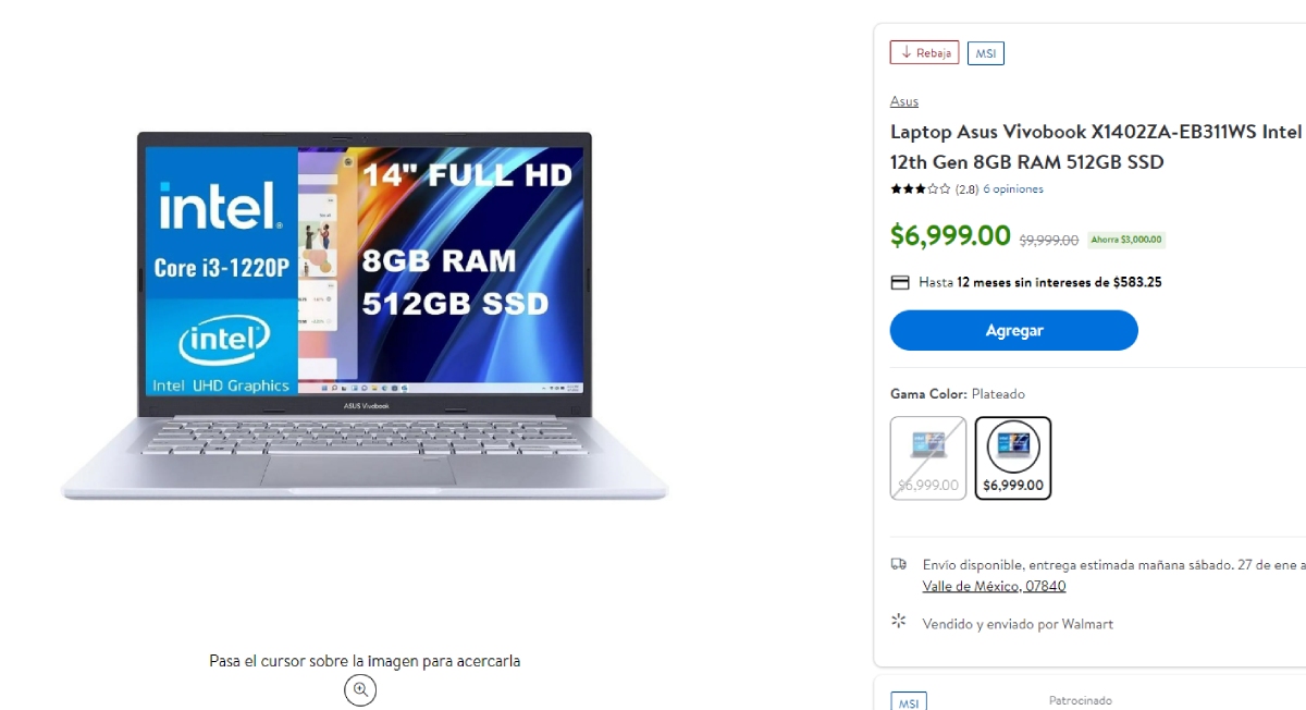 Laptop económica Asus Vivobook en Wlamart
