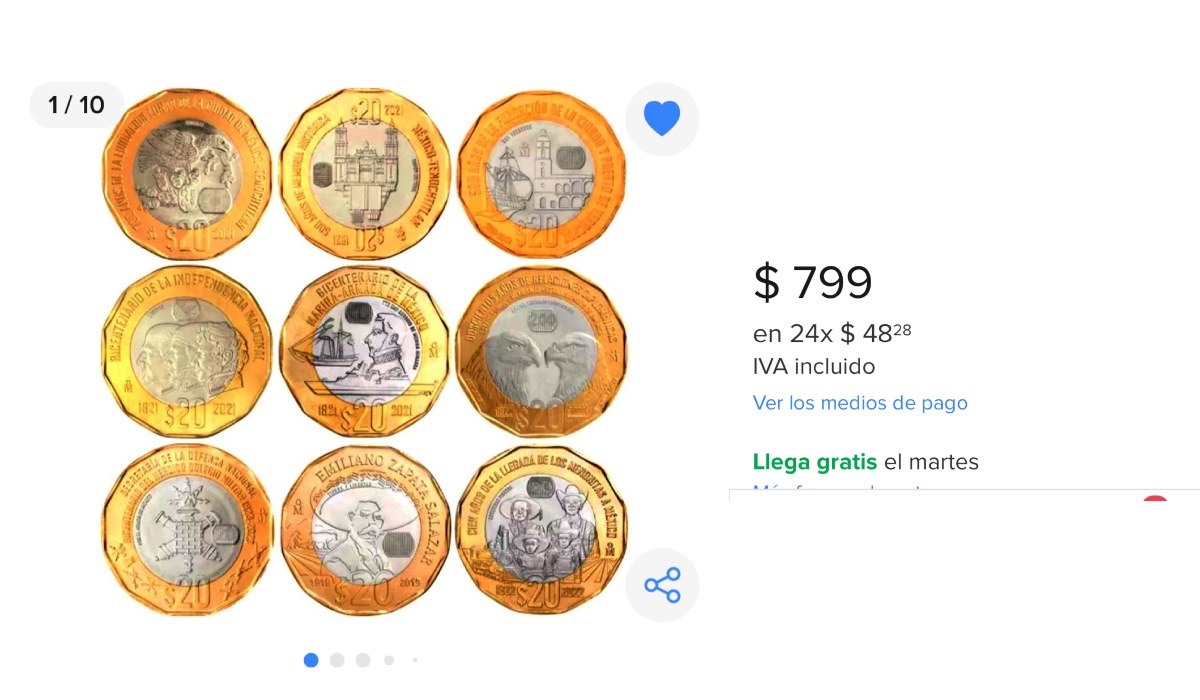 ¿Cuál es la colección de monedas de $20 pesos que se vende en $800 pesos?