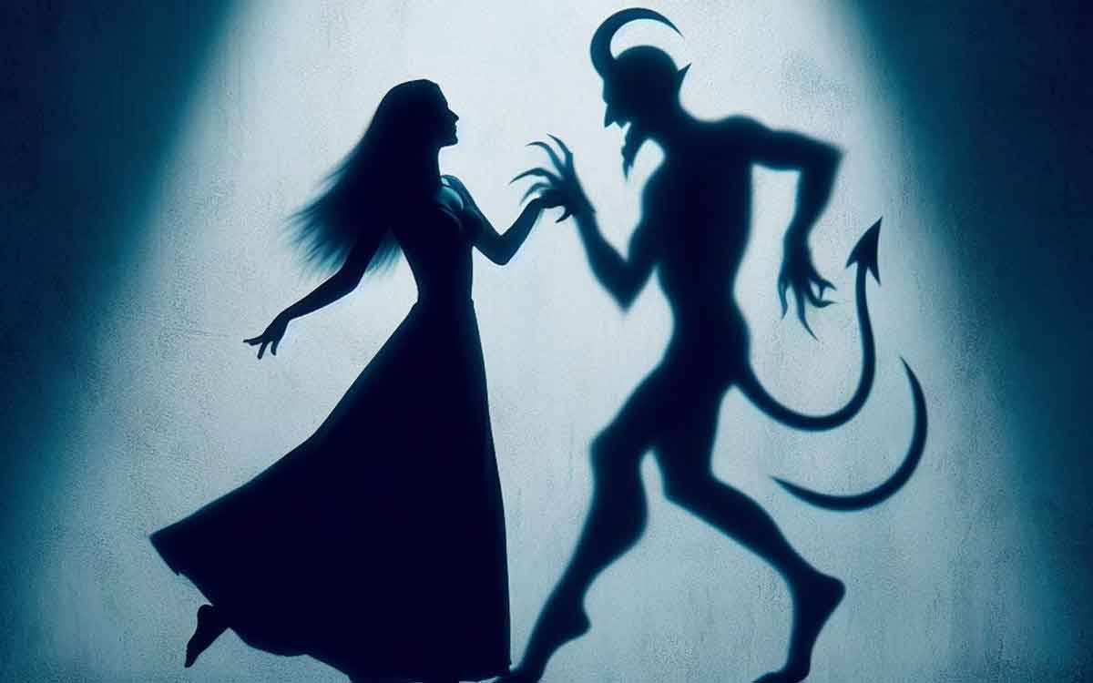 El diablo bailando con una mujer en blanco y negro, generado con IA
